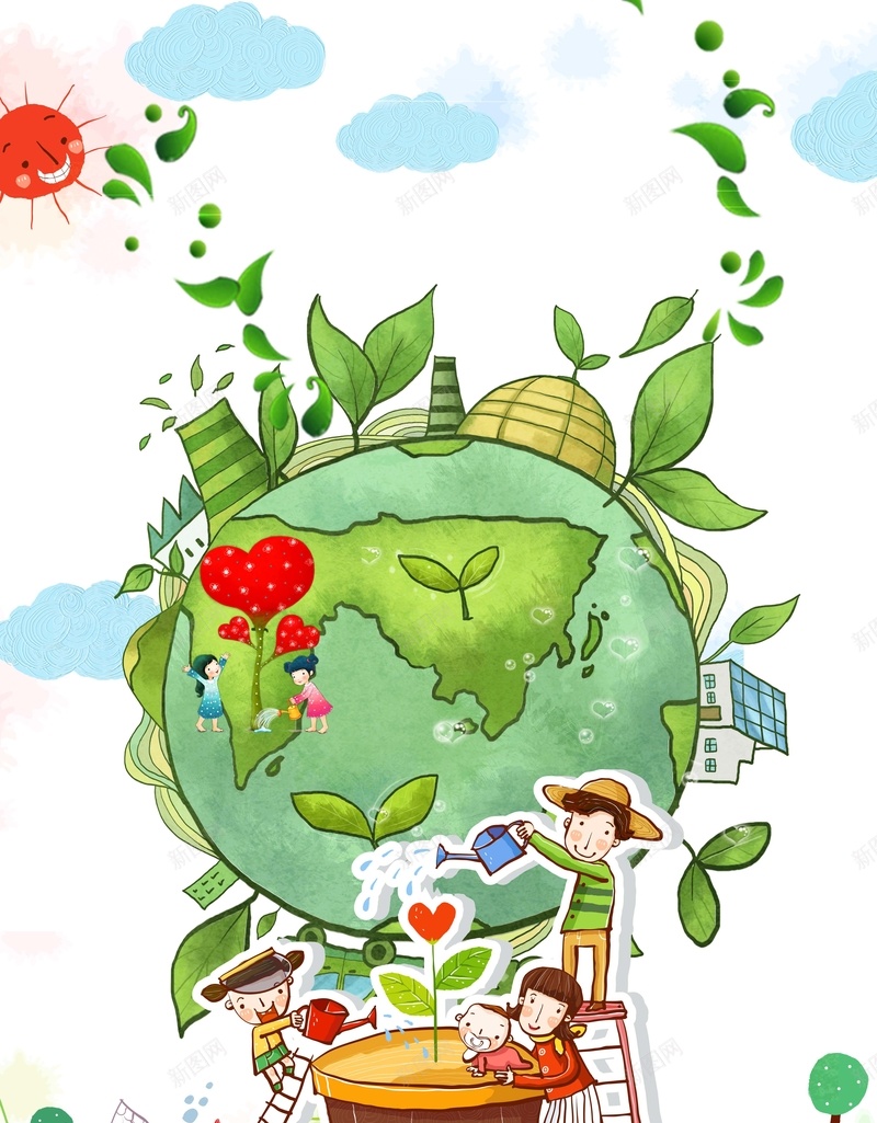 绿色植树背景海报jpg设计背景_新图网 https://ixintu.com 儿童 大人 植树 白云 蓝天 简约 清新 保护 环境