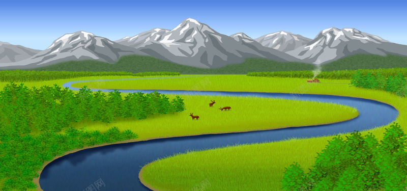 卡通绿草河流山脉背景背景