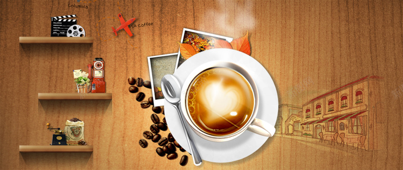 咖啡海报psd设计背景_新图网 https://ixintu.com 咖啡海报 淘宝天猫 咖啡馆 留声机 书架 咖啡背景