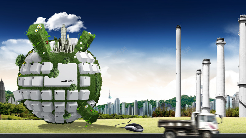 科技城市海报psd设计背景_新图网 https://ixintu.com 现代城市背景 创意地球 工业城市 网络地球 键盘地球