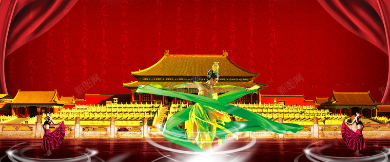 中国古典舞蹈背景psd设计背景_新图网 https://ixintu.com 舞蹈 古代美女 宫殿 建筑 舞台背景图 舞台背景 展板模板 广告设计模板 红色背景 海报banner 大气