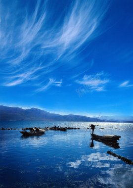 绝美水岸风光蓝色背景背景