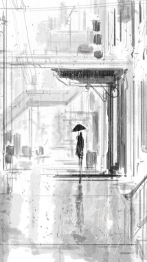 黑白雨中插画H5背景背景