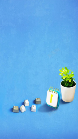 h5素材敲键盘蓝色背景上的盆栽H5素材背景高清图片