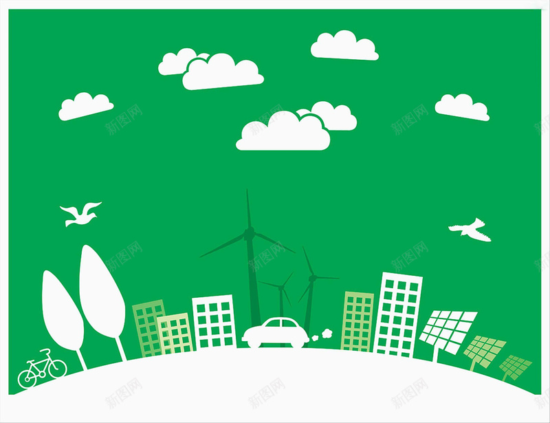 绿色生态友好的背景素材jpg设计背景_新图网 https://ixintu.com 城市剪影 白云 绿色 风车 树 车 背景 海报