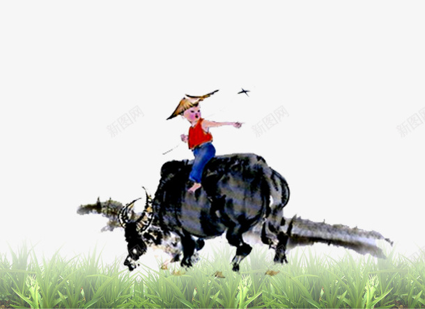 骑着牛的牧童水墨画元素png免抠素材_新图网 https://ixintu.com 牧童 水墨画 元素 效果