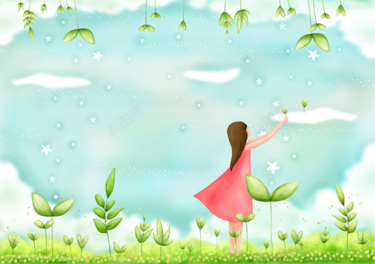 手绘幼儿园插画女孩云海植物背景背景