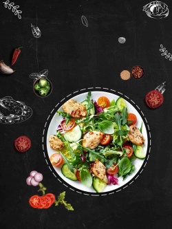 沙拉宣传健康食品黑色手绘美食沙拉菜谱海报背景模板高清图片