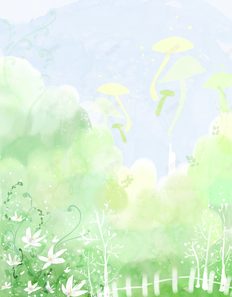 浅绿色白色花朵海报背景psd设计背景_新图网 https://ixintu.com 绿色背景 户外 白色 绿色 花朵 栅栏 白云 背景 浅绿色背景 白色花朵 幸福