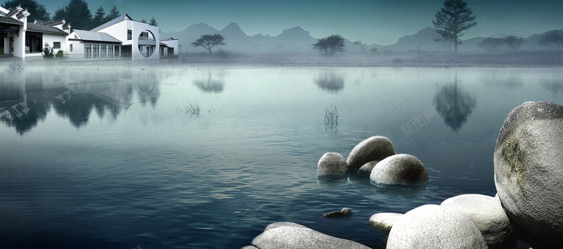美容化妆品促销背景psd设计背景_新图网 https://ixintu.com 石头 养生石 湖面 别墅 海报banner 保健品促销背景 文艺 小清新 简约