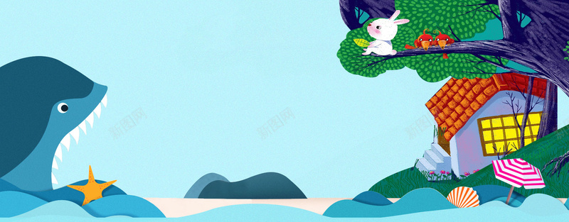 夏季蓝色鲨鱼卡通童趣海报背景背景