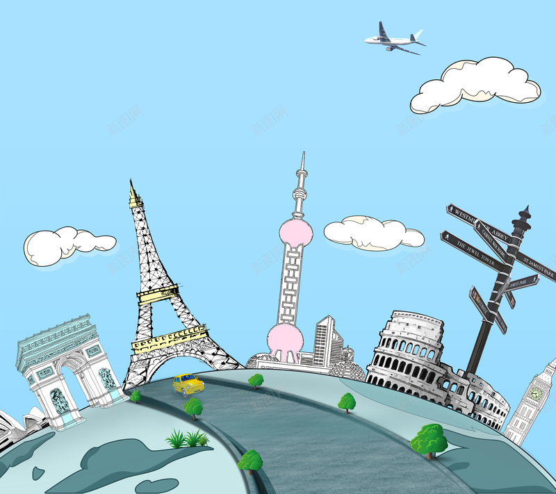 卡通旅游背景psd设计背景_新图网 https://ixintu.com 卡通 城市 旅游 飞机 云 童趣 手绘
