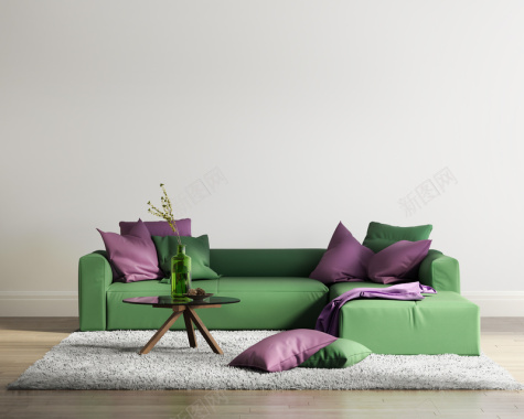 绿色沙发抱枕地毯图片素材背景