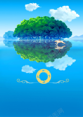 梦幻动漫大树湖泊蓝色背景素材背景