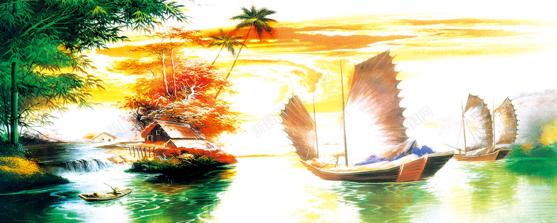 黄昏帆船油画淘宝网站背景图背景