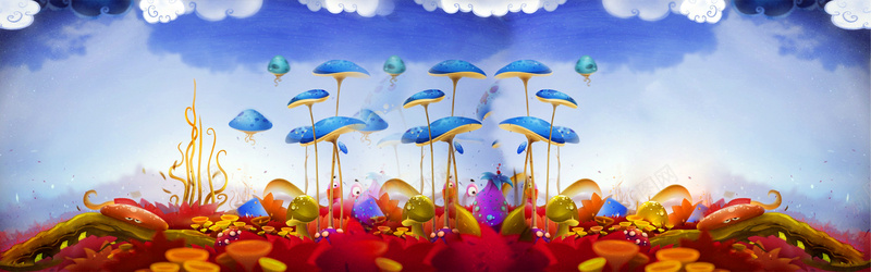 卡通背景psd设计背景_新图网 https://ixintu.com 卡通背景 夏季新品 童装背景 女装 童趣 蓝色 蘑菇 海报banner 卡通 手绘