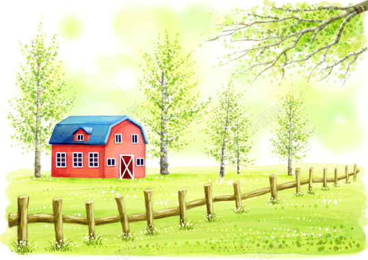 手绘幼儿园插画草地红色房子篱笆背景