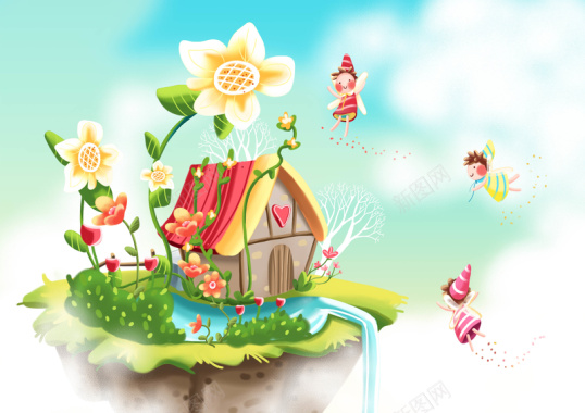 手绘幼儿园插画花房子蜜蜂背景背景