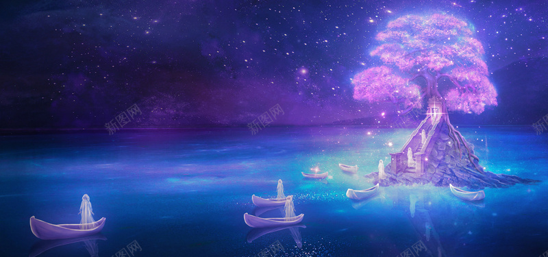 紫色梦幻树jpg设计背景_新图网 https://ixintu.com 紫色 树 小船 海报banner 卡通 童趣 手绘