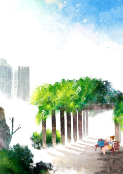 城市花园手绘插画背景高清图片