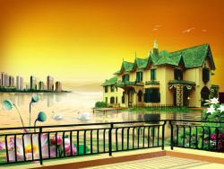 黄色天鹅梦幻卡通荷花别墅黄色背景素材高清图片
