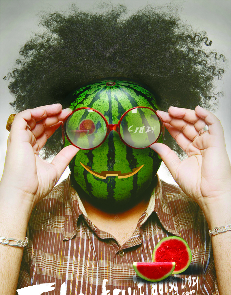 创意水果海报PSD分层素材psd设计背景_新图网 https://ixintu.com 人物 爆炸头 有机 蔬果 水果西瓜 眼镜 创意男人开心 激情 狂欢