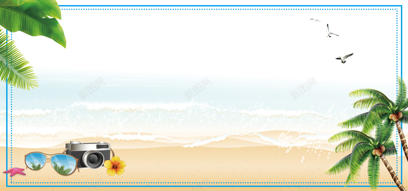 夏季蓝色手绘旅行海边banner背景