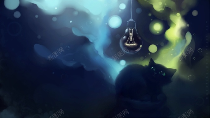 深蓝色魔幻猫咪灯泡背景素材背景