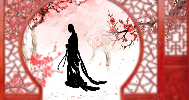 中国风红色花窗美女背景素材背景