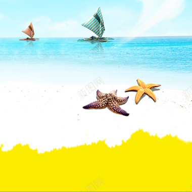 卡通夏日护肤品防晒海星帆船沙滩背景背景