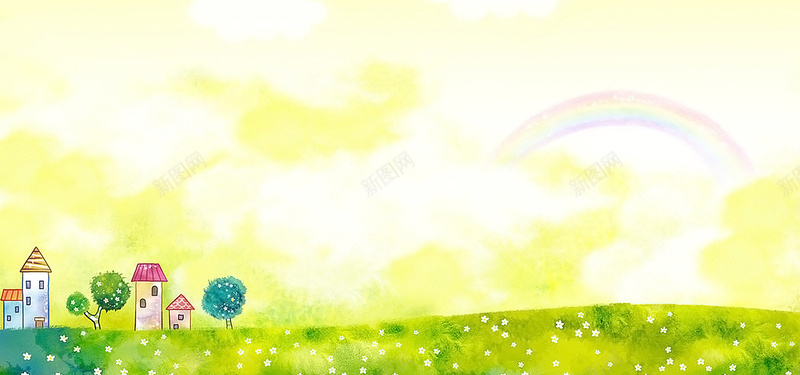 手绘卡通房屋建筑草坪树彩虹天空背景背景