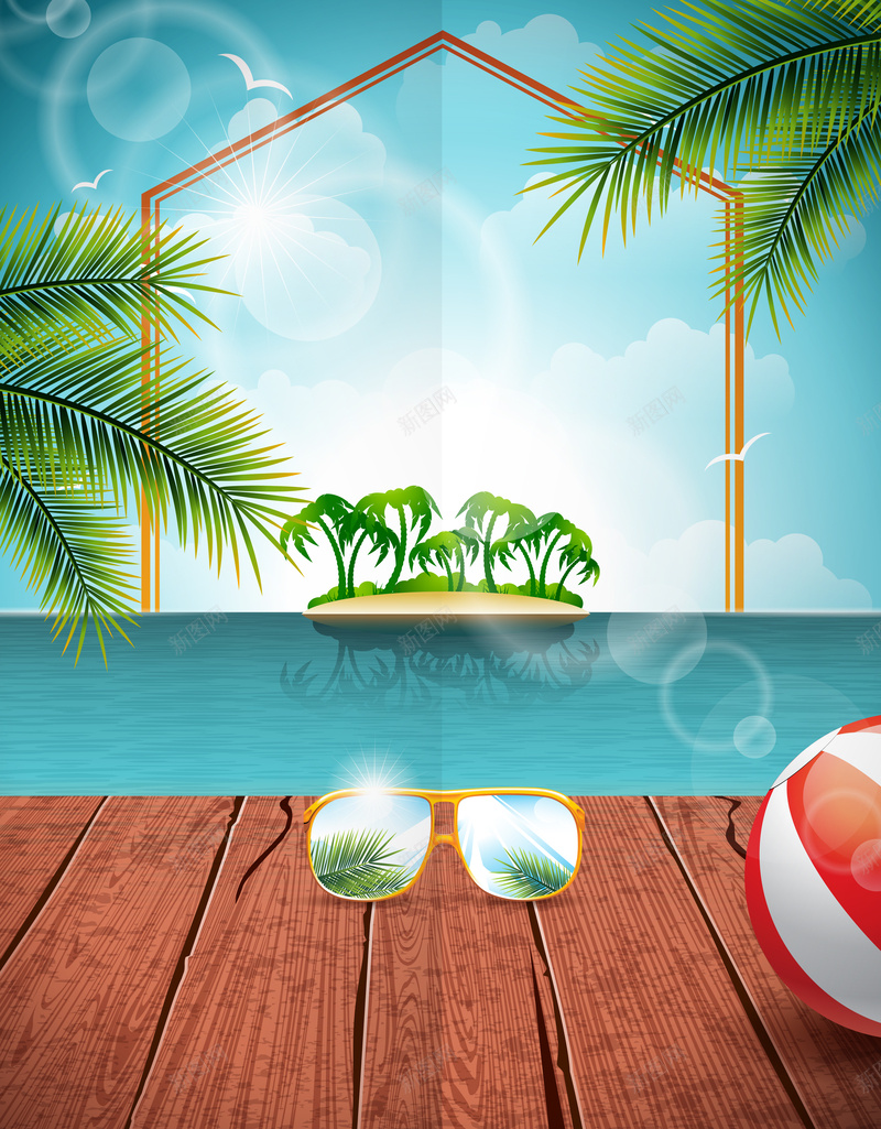 清爽的夏日旅行渡假广告背景eps设计背景_新图网 https://ixintu.com 旅游 渡假 旅行 海边 沙滩 椰子树 绿色 眼镜 木板 素材 背景
