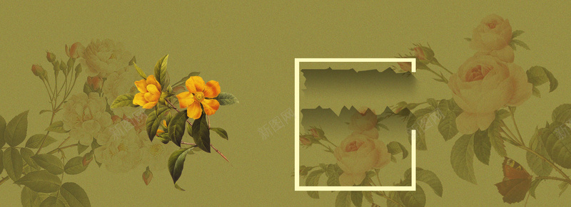 花朵中国画几何框架简约设计海报banne背景