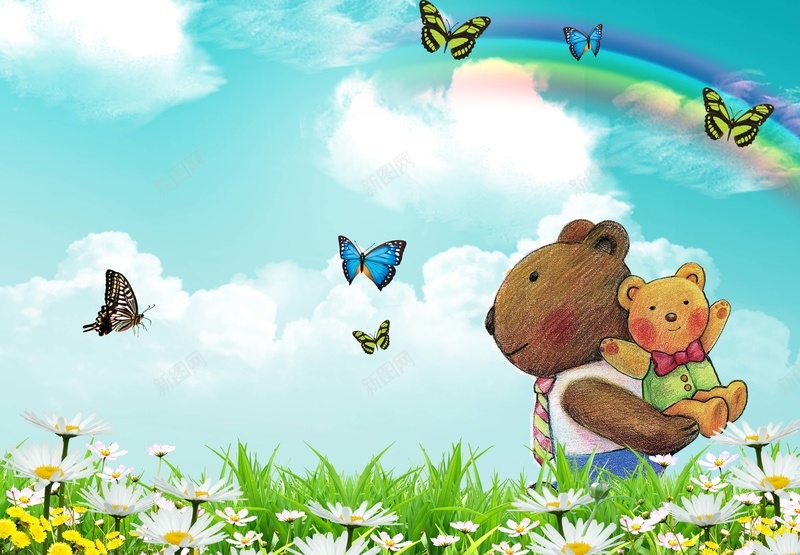 卡通童趣背景psd设计背景_新图网 https://ixintu.com 童趣背景 卡通 小熊 彩虹 手绘 童趣