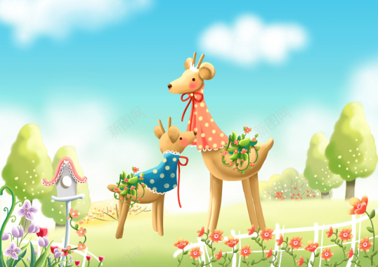 手绘幼儿园插画母子长颈鹿草地背景