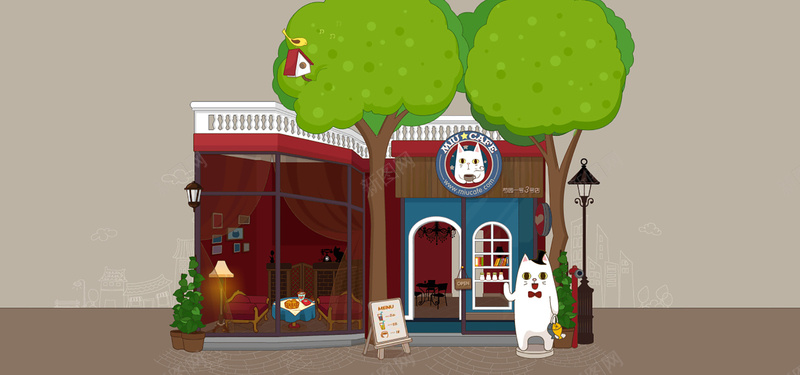 小猫的咖啡店背景图jpg设计背景_新图网 https://ixintu.com 咖啡店 可爱 小猫 树木 红色 海报banner 卡通 童趣 手绘