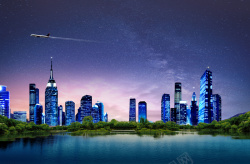 楼盘上空的飞机唯美城市夜空地产宣传海报背景psd高清图片