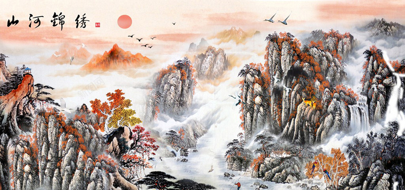 山水风景画jpg设计背景_新图网 https://ixintu.com 中国风 山水 风景画 国画 落日 船 河流 山 屋子 人 海报banner