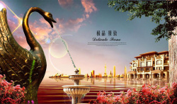 中式房地产秀稿房地产广告湖景大树天鹅铜像高清图片
