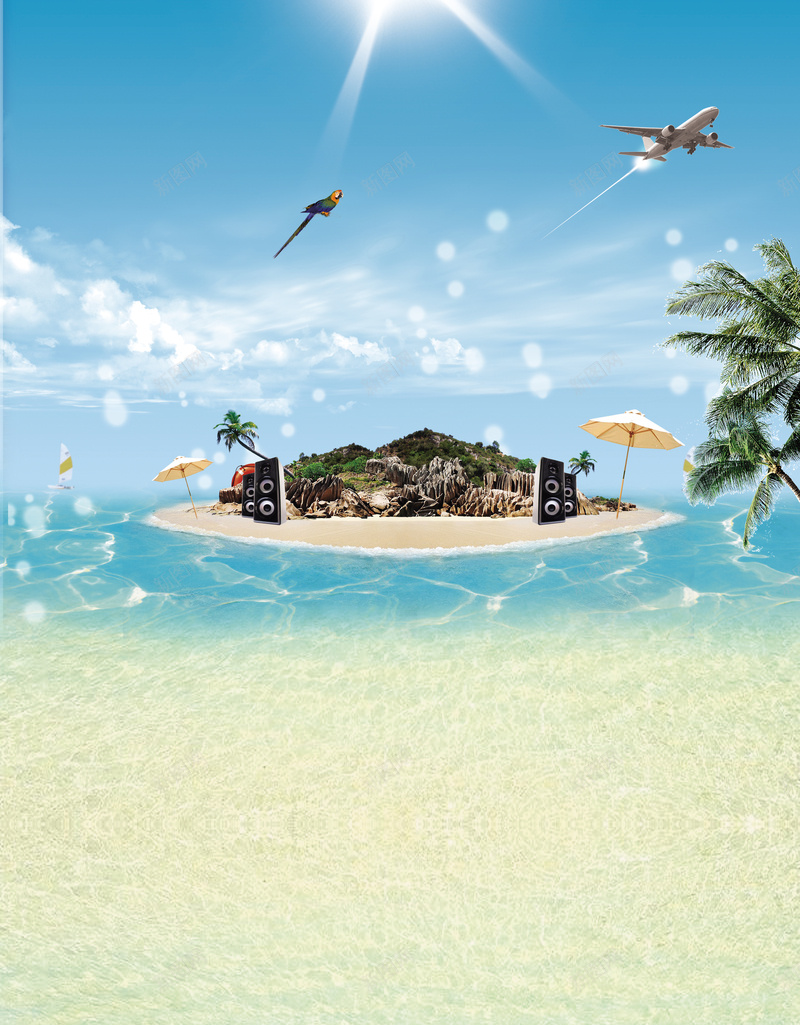 海岛旅行背景psd设计背景_新图网 https://ixintu.com 海报 海岛 鸟 椰子树 海 沙滩 旅行 背景 清新