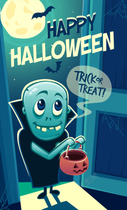 万圣节HALLOWEEN手绘彩绘蓝色万圣节海报图高清图片