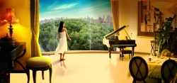 窗外世界欧式建筑大厅美女与钢琴和窗外世界高清图片