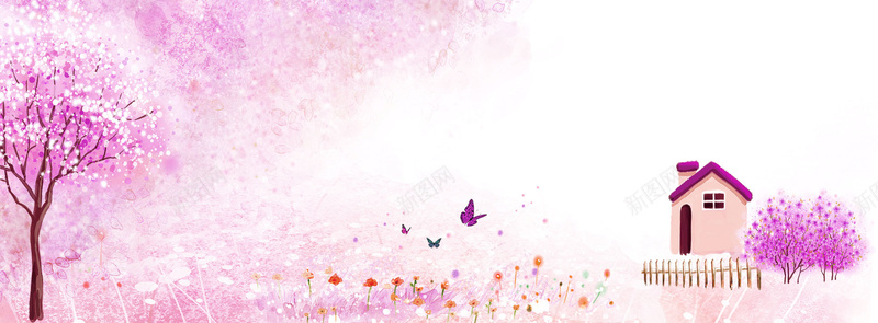紫色卡通温馨秋天风景房子banner背景