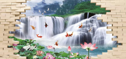 瀑布小鹿仙鹤墙创意风景画高清图片