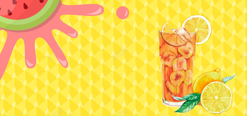 夏日酷饮西瓜橙汁卡通黄色背景背景