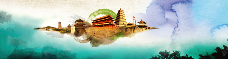 水墨风景图psd设计背景_新图网 https://ixintu.com 海报banner banner 建筑 树木 水墨 其他