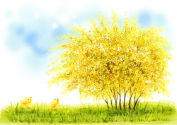黄鸭子手绘幼儿园插画草地黄大树鸭子高清图片