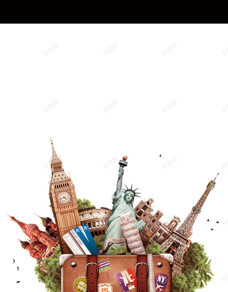 旅游背景psd设计背景_新图网 https://ixintu.com 自由女神像 旅行箱 拼合 树