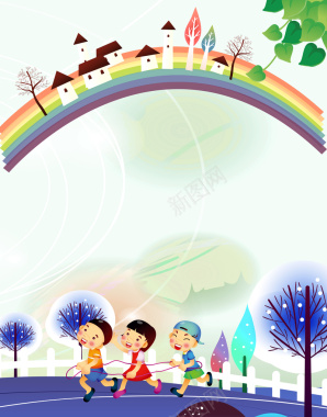 卡通小孩彩虹淡绿色背景素材背景