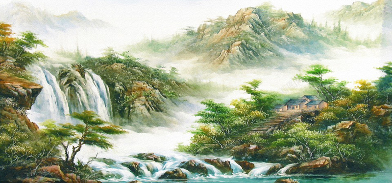 油画山水风景jpg设计背景_新图网 https://ixintu.com 小屋 山水 油画 瀑布 风景 河流 树林 绿树 小路 海报banner